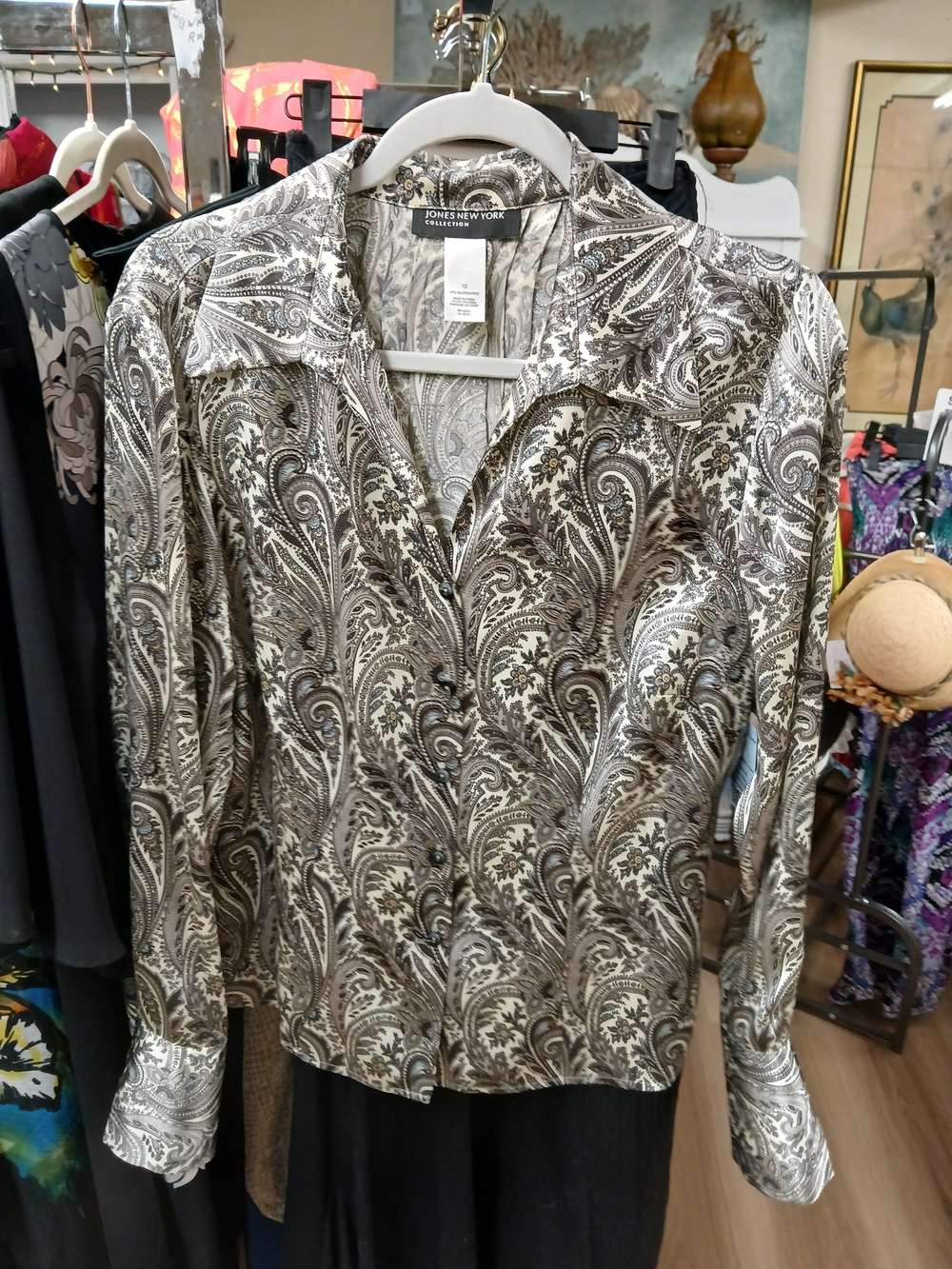 Jones New York Brown and White Paisley Button-Front Shirt
